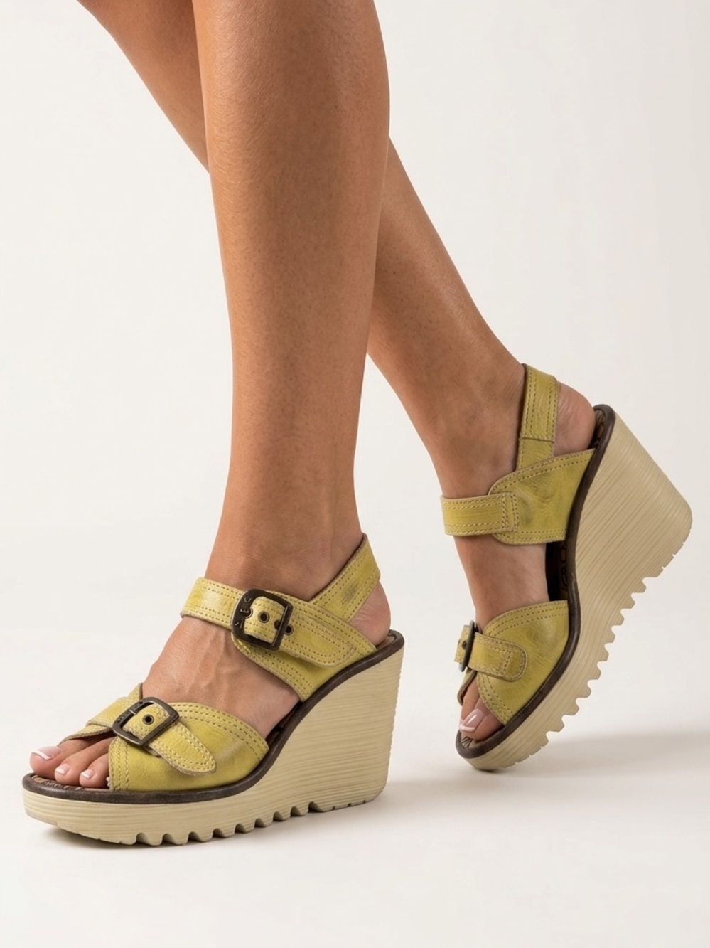 FLY LONDON Yaya Leather Wedge Sandals Yellow Buckle Ankle Strap Platform Sz. 37